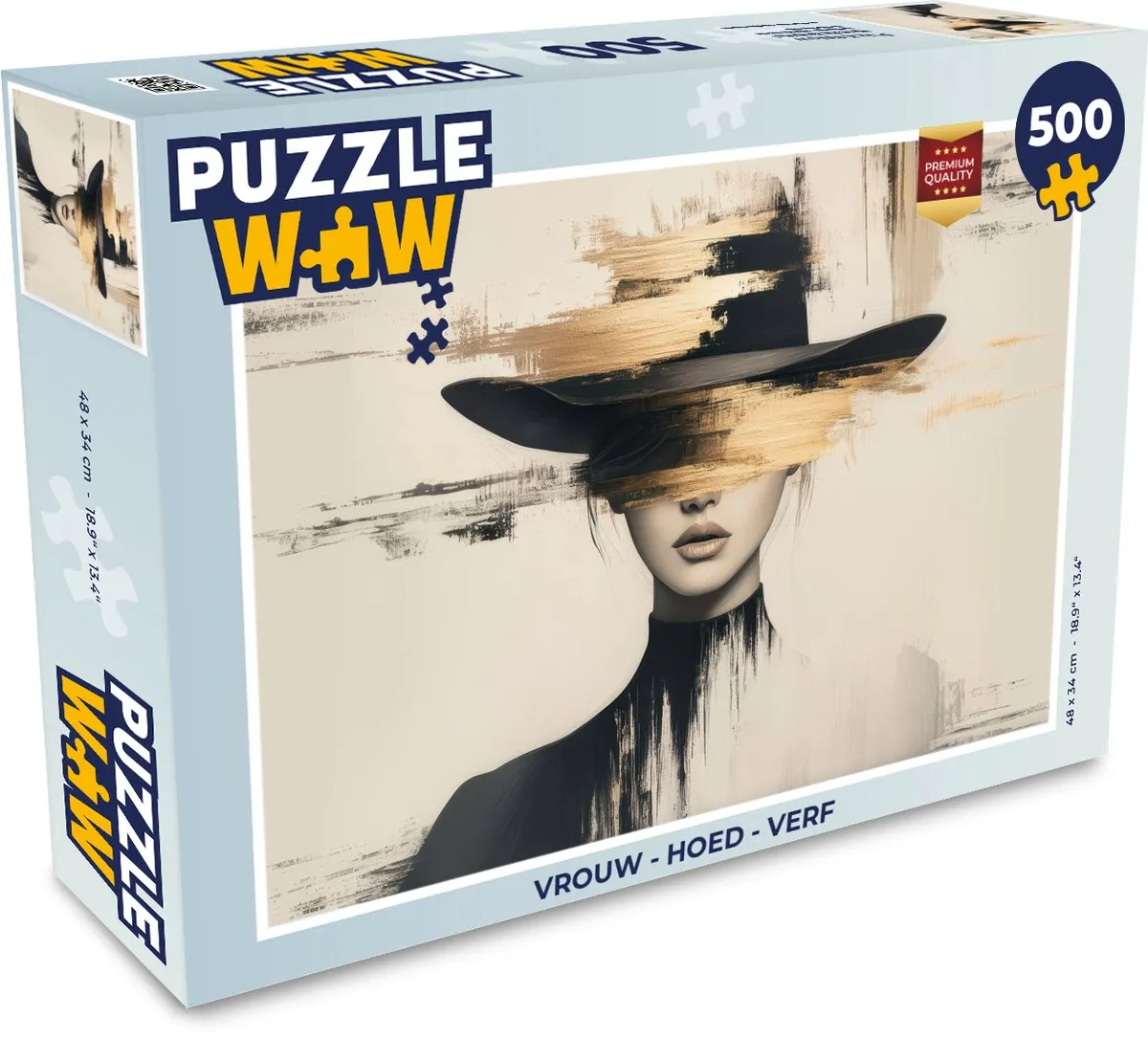 PuzzleWow Vrouw - Hoed Verf Legpuzzel 500 Stuks - Goud/Beige