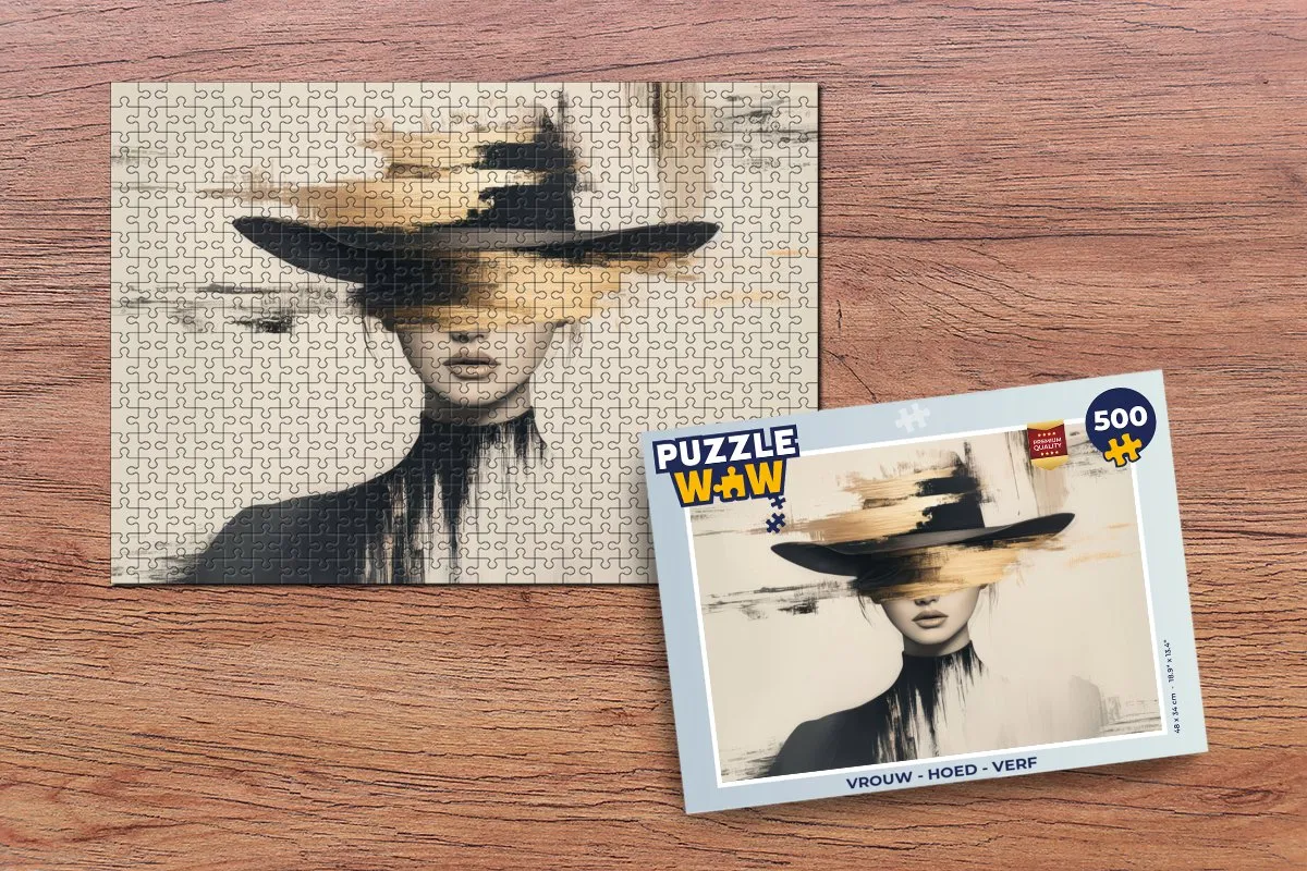 PuzzleWow Vrouw - Hoed Verf Legpuzzel 500 Stuks - Goud/Beige