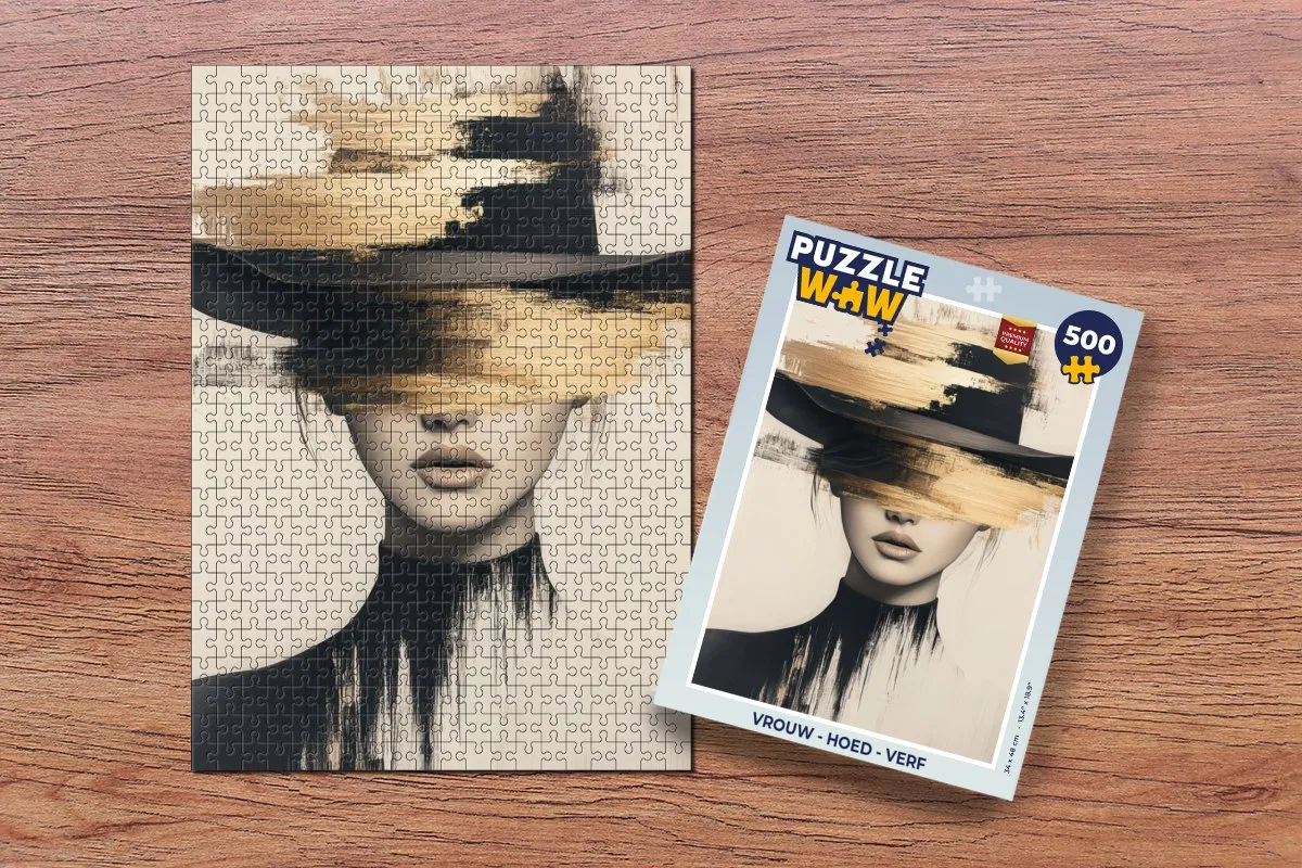 PuzzleWow Vrouw - Hoed Verf Legpuzzel 500 Stuks - Goud/Beige