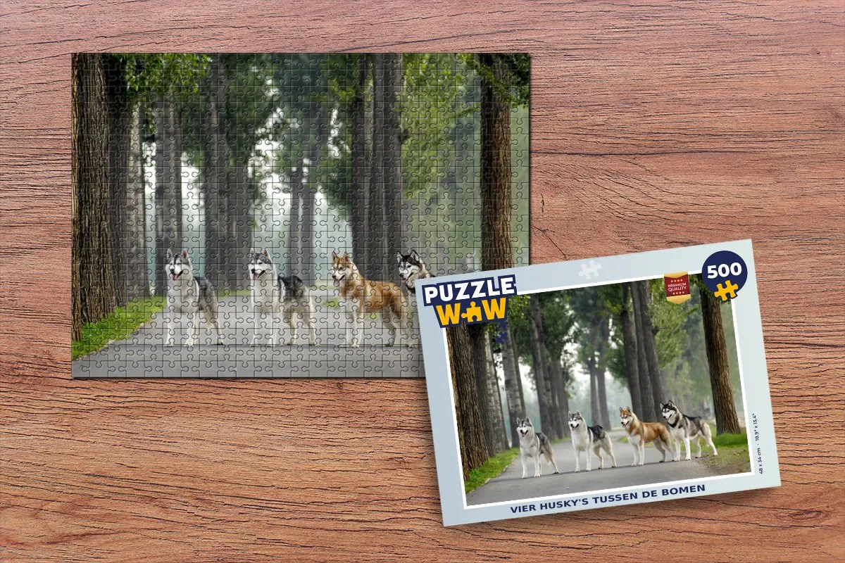 PuzzleWow Legpuzzel Vier Husky's Tussen De Bomen 500 Stuks - Multicolor