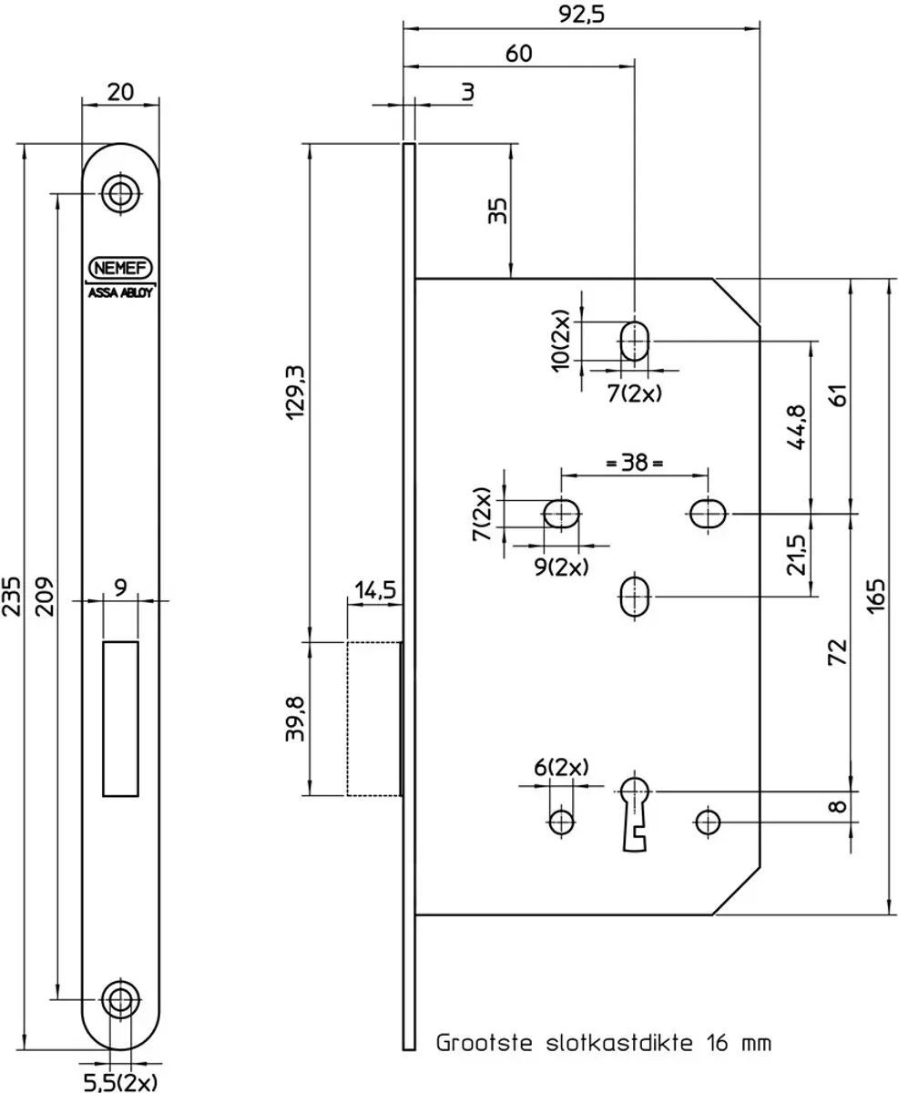 Nemef Kastslot type 636/17-60mm KV 2 sleutels omkeerbaar