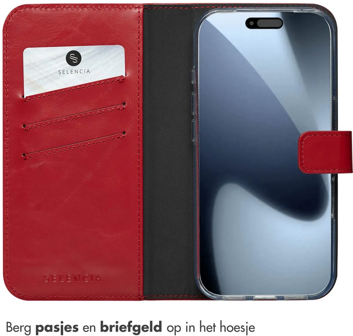 Selencia Hoesje iPhone 17 Pro Rood - Lederen Bookcase 3 Pasjes