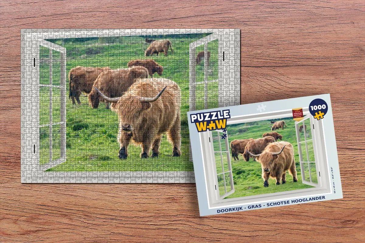 PuzzleWow Doorkijk Gras Schotse Hooglander Legpuzzel 1000 Stuks - Multicolor