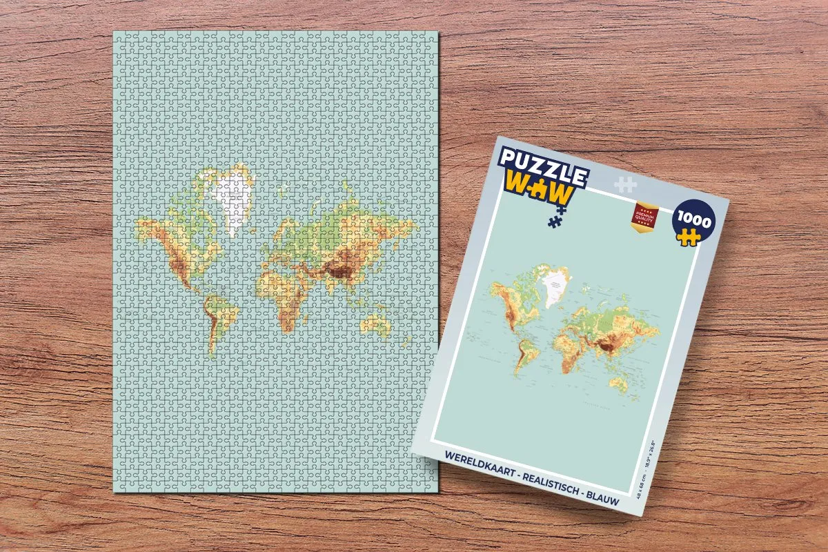 PuzzleWow Wereldkaart Puzzel 1000 Stuks - Blauw