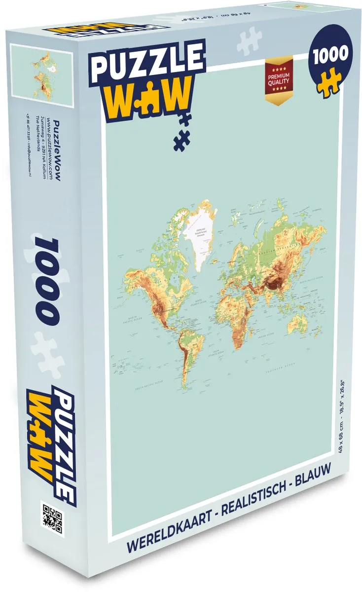 PuzzleWow Wereldkaart Puzzel 1000 Stuks - Blauw