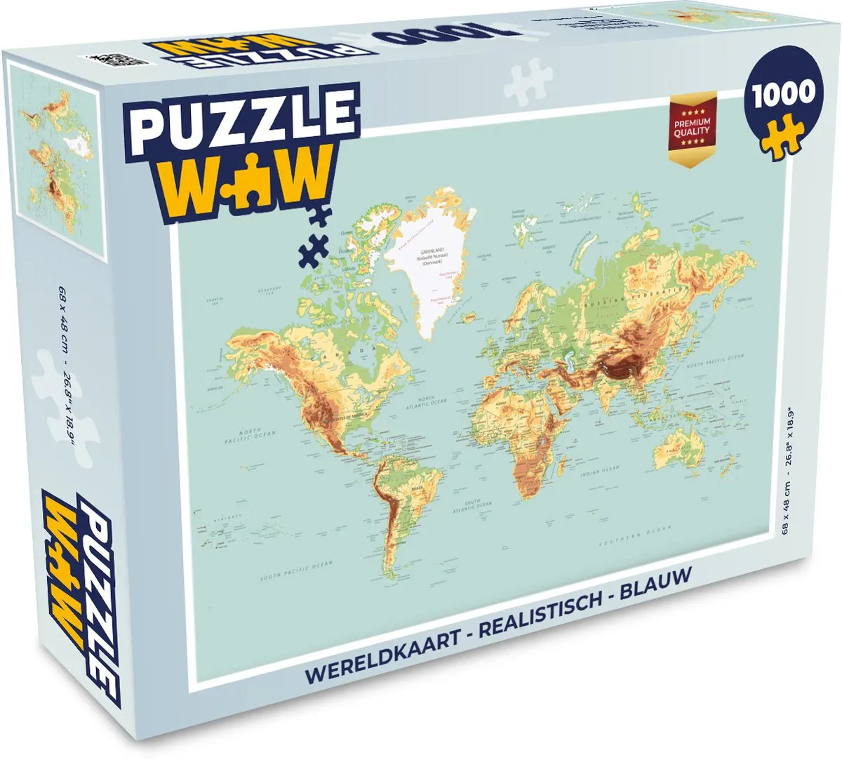 PuzzleWow Wereldkaart Puzzel 1000 Stuks - Blauw
