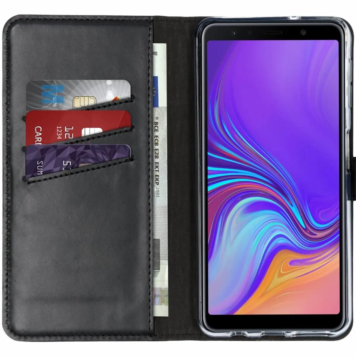 Selencia Hoesje Samsung Galaxy A7 (2018) - Echt Lederen Bookcase - 3 Pasjes - Zwart