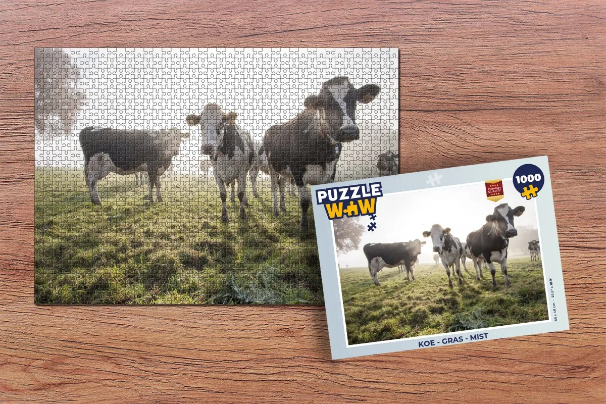 PuzzleWow Legpuzzel Koe - Gras - Mist 1000 Stuks - Multicolor
