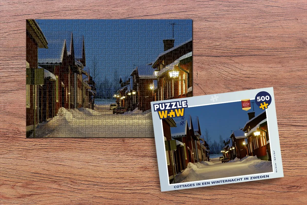 PuzzleWow Cottages in een Winternacht Zweden Legpuzzel 500 Stuks - Multicolor