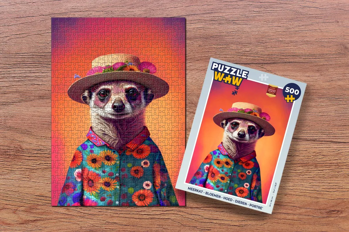 PuzzleWow Meerkat Bloemen Hoed Legpuzzel 500 Stuks - Multicolor