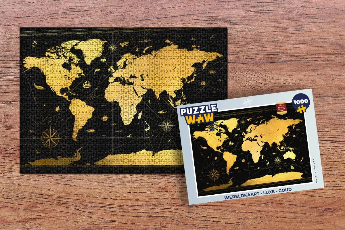 PuzzleWow Wereldkaart Legpuzzel 1000 Stuks - Goud