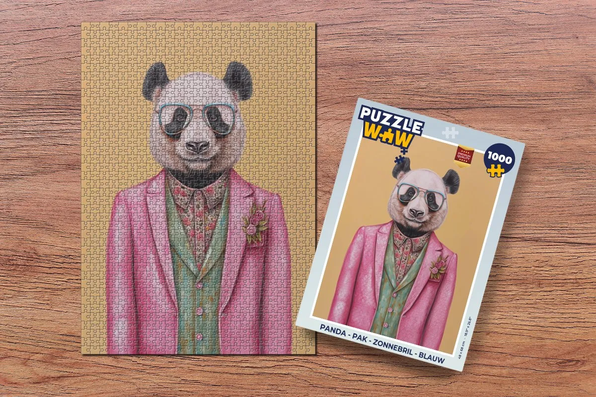 PuzzleWow Puzzel Panda Zonnebril Legpuzzel 1000 Stuks - Blauw