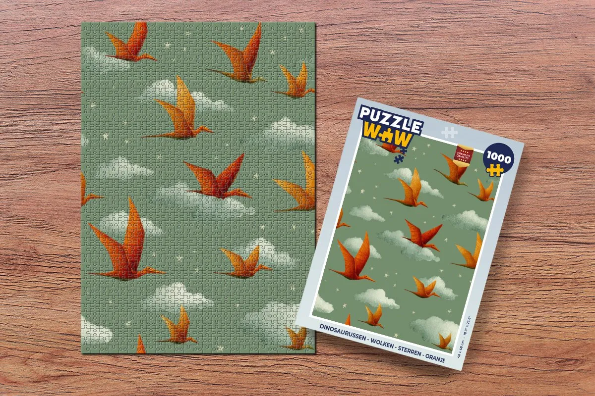 PuzzleWow Legpuzzel 1000 Stuks - Dinosaurussen/Wolken - Oranje