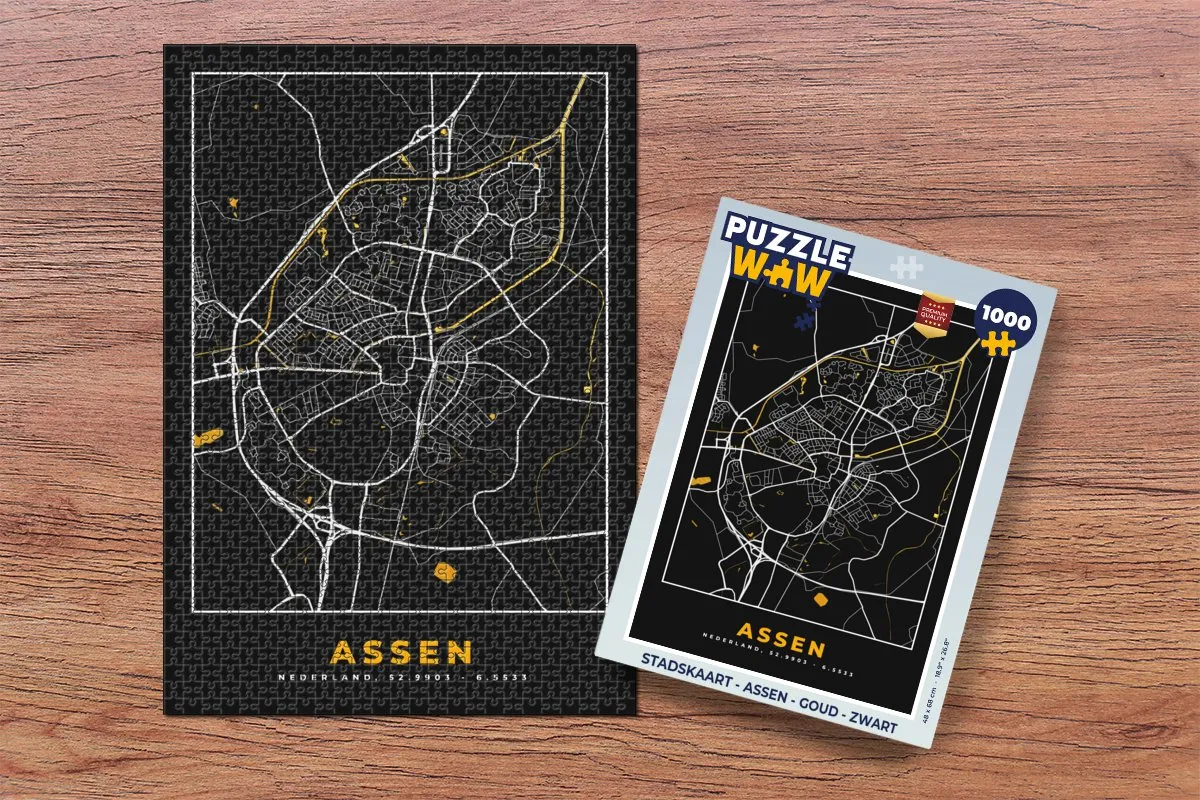 PuzzleWow Stadskaart Assen Legpuzzel 1000 Stuks - Goud/Zwart