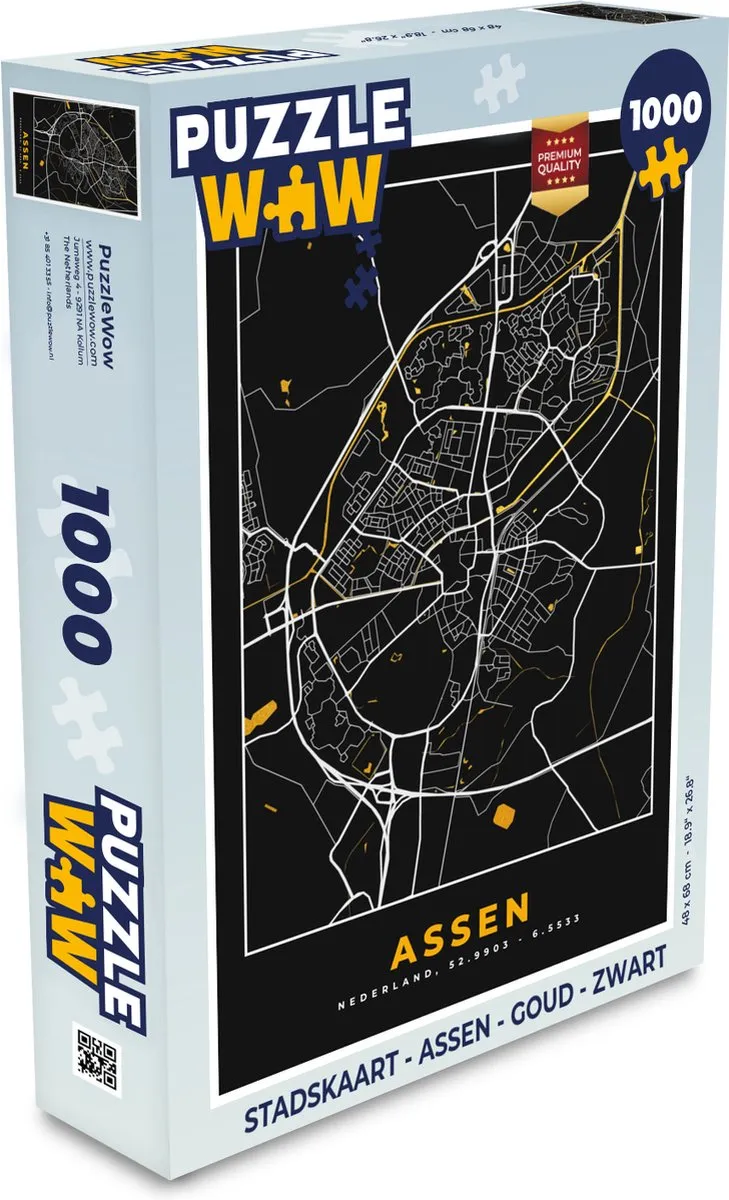 PuzzleWow Stadskaart Assen Legpuzzel 1000 Stuks - Goud/Zwart