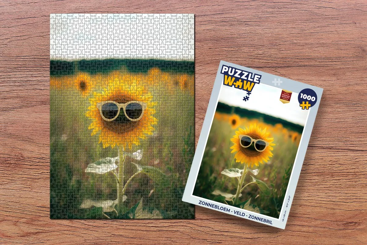 PuzzleWow Legpuzzel Zonnebloem - Veld - Zonnebril 1000 Stuks