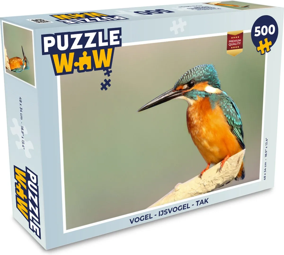 PuzzleWow Vogel Legpuzzel 500 Stuks - IJsvogel op tak - Multicolor