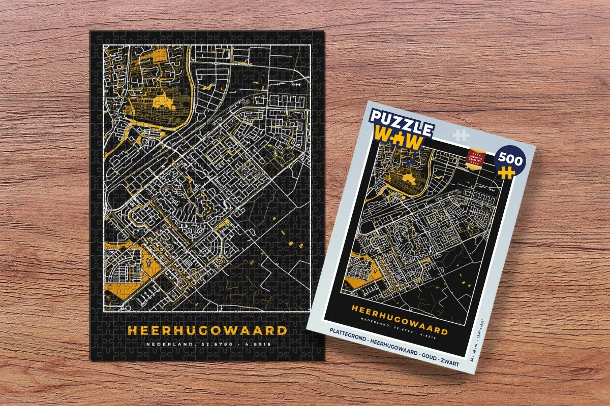 PuzzleWow Plattegrond Heerhugowaard Legpuzzel 500 Stuks - Goud/Zwart