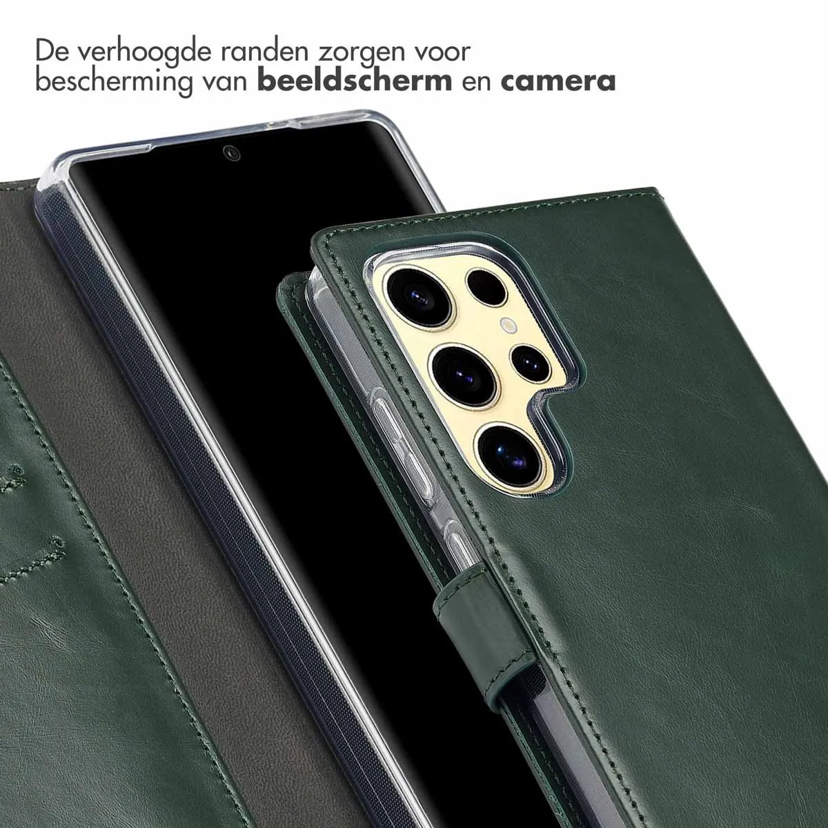 Selencia Hoesje Samsung Galaxy S25 Ultra - Groen Lederen Bookcase - 3 Pasjes