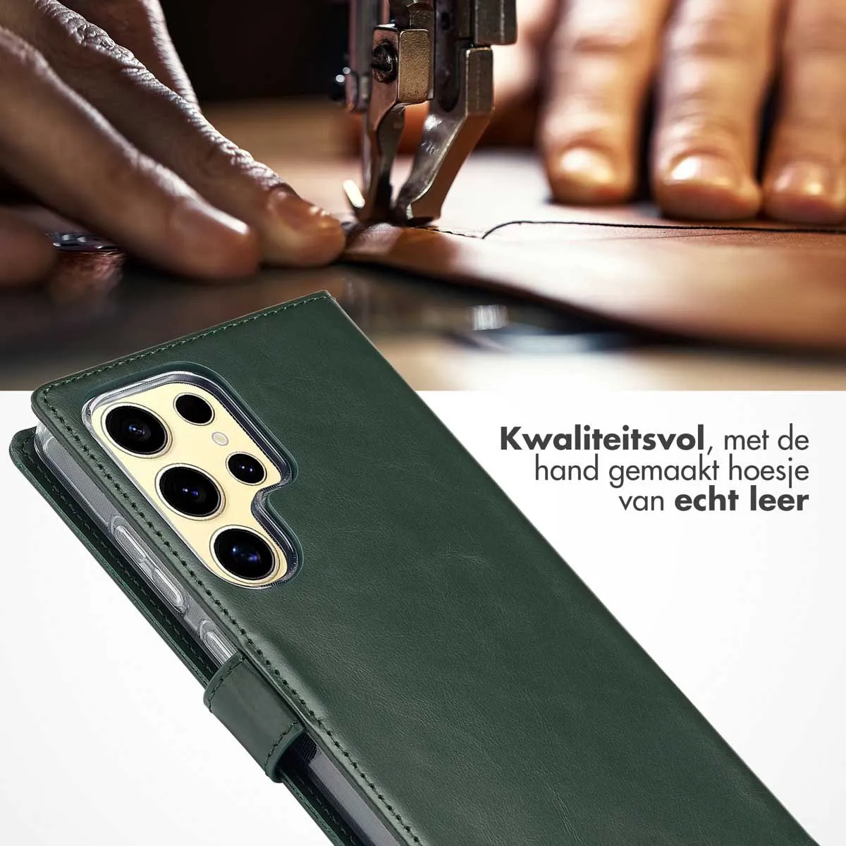 Selencia Hoesje Samsung Galaxy S25 Ultra - Groen Lederen Bookcase - 3 Pasjes