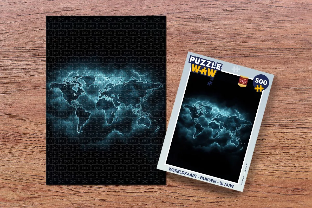 PuzzleWow Wereldkaart Bliksem Puzzel 500 Stuks - Blauw