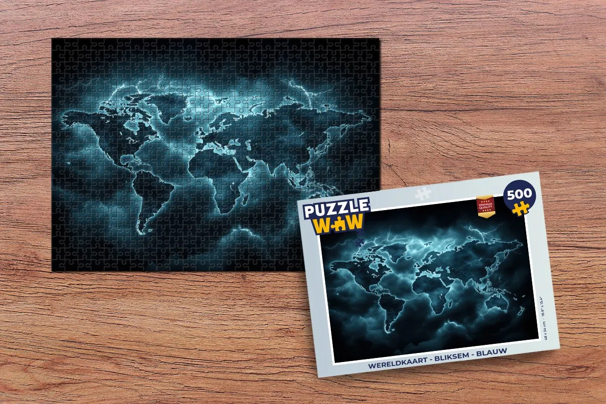 PuzzleWow Wereldkaart Bliksem Puzzel 500 Stuks - Blauw