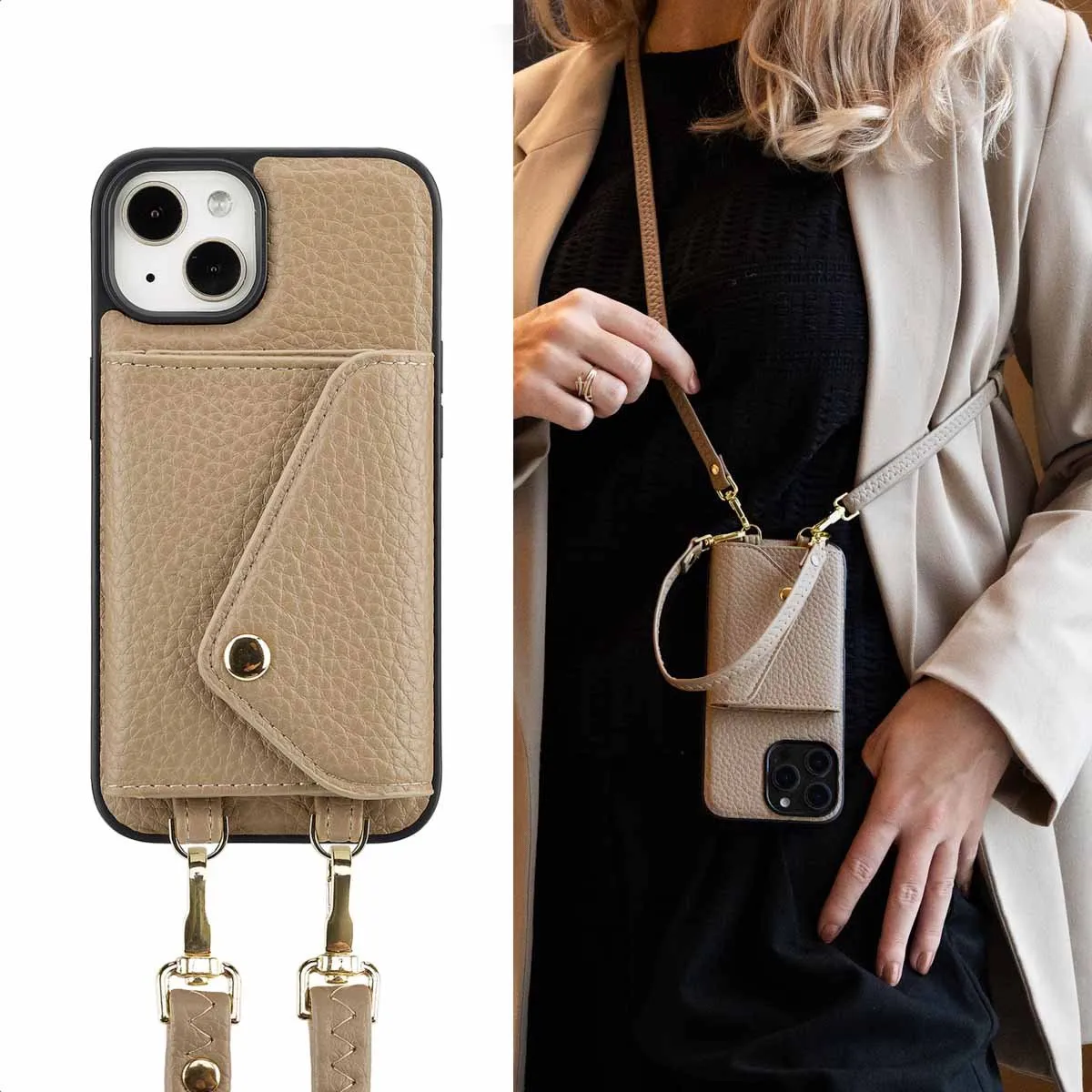 Selencia Sera Koordhoes iPhone 13/14 - 3 Pasjes - Taupe