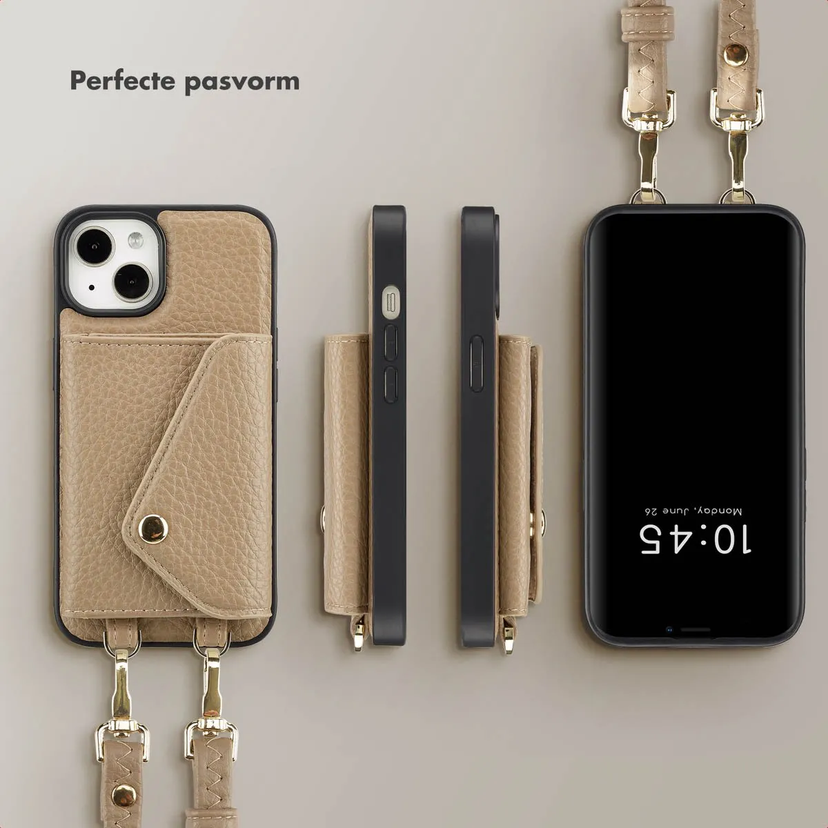 Selencia Sera Koordhoes iPhone 13/14 - 3 Pasjes - Taupe