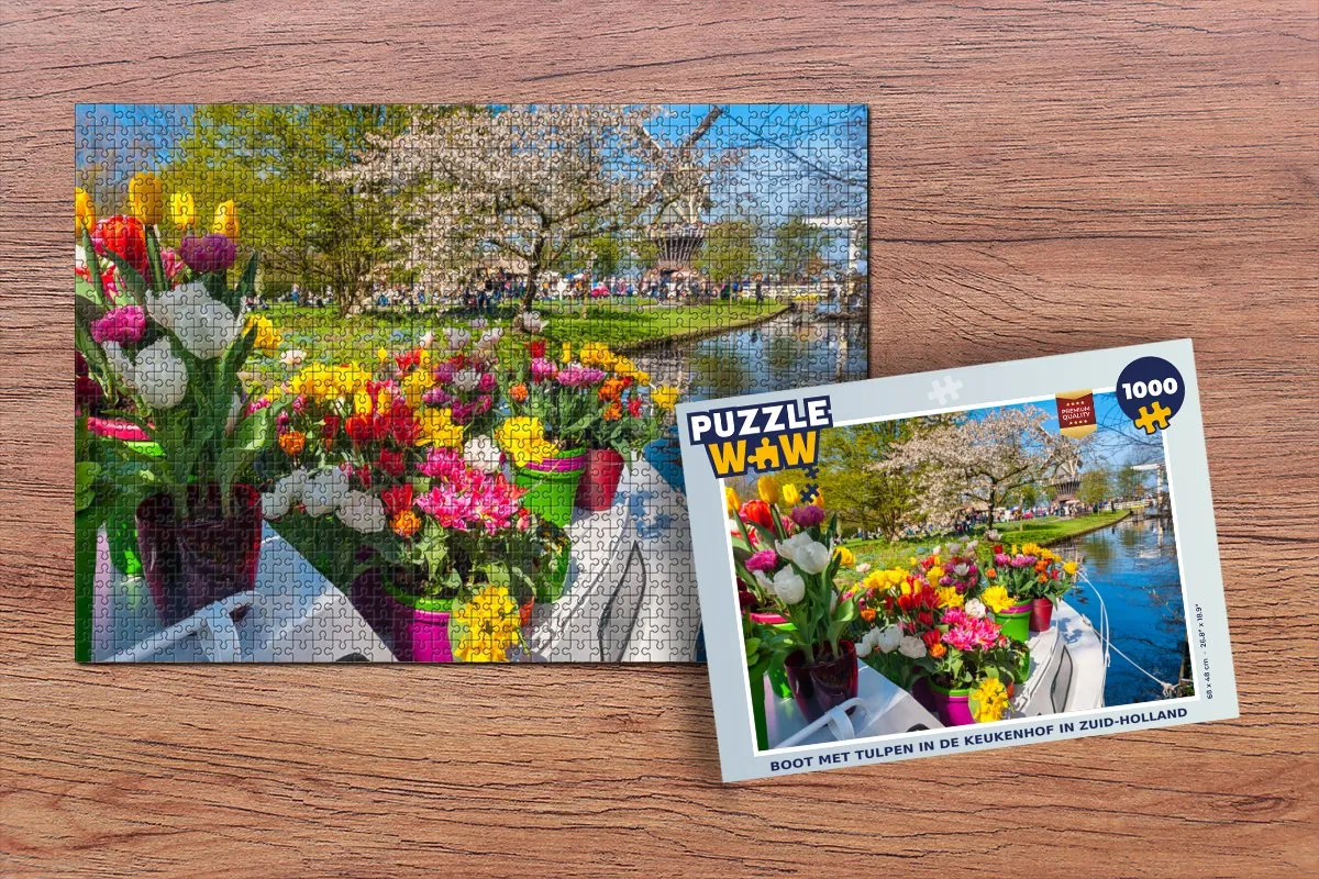 PuzzleWow Legpuzzel Boot met tulpen Keukenhof 1000 Stuks - Multicolor