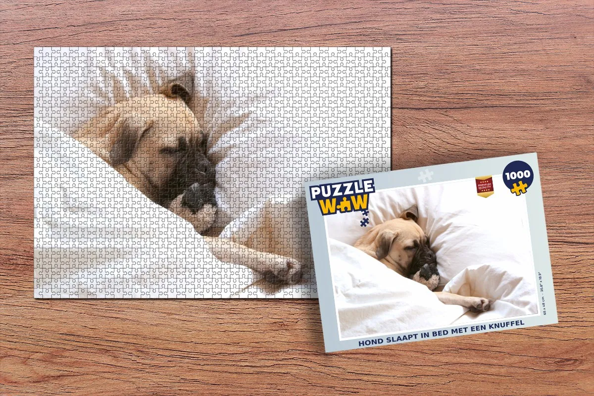PuzzleWow Legpuzzel Hond slaapt in bed met knuffel 1000 Stuks - Multicolor