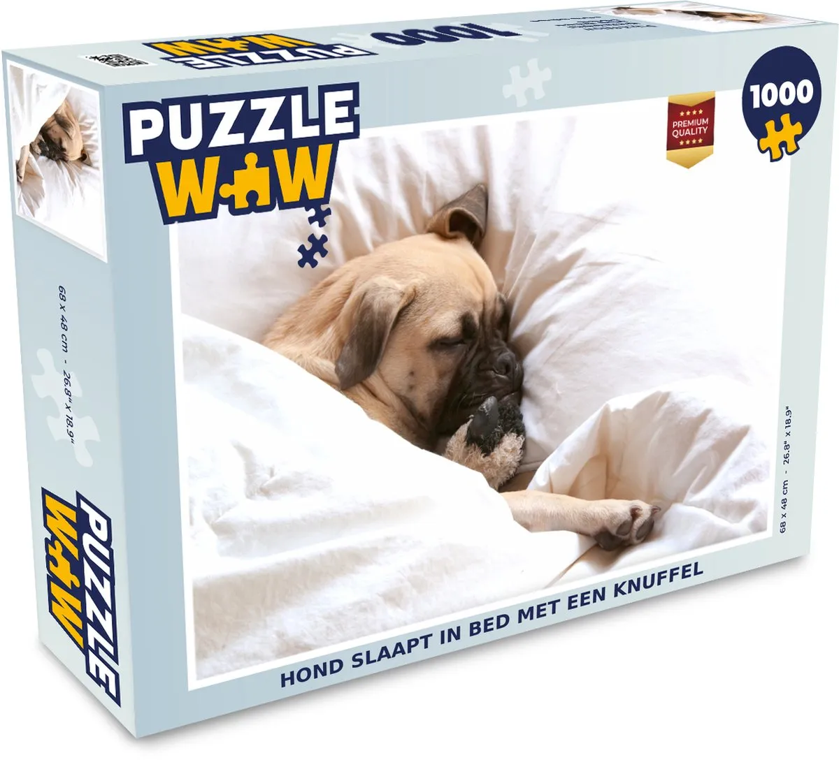 PuzzleWow Legpuzzel Hond slaapt in bed met knuffel 1000 Stuks - Multicolor