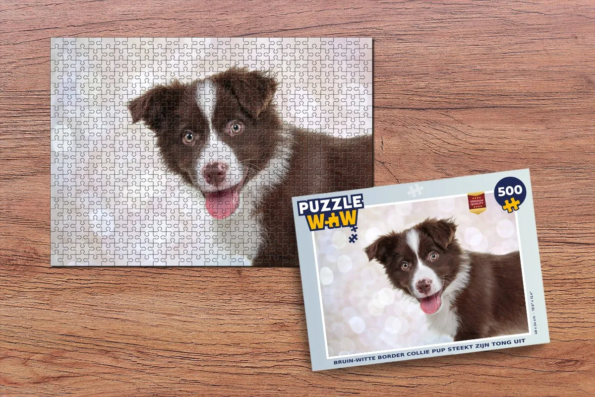 PuzzleWow Legpuzzel Bruin-witte Border Collie Pup - 500 Stukjes