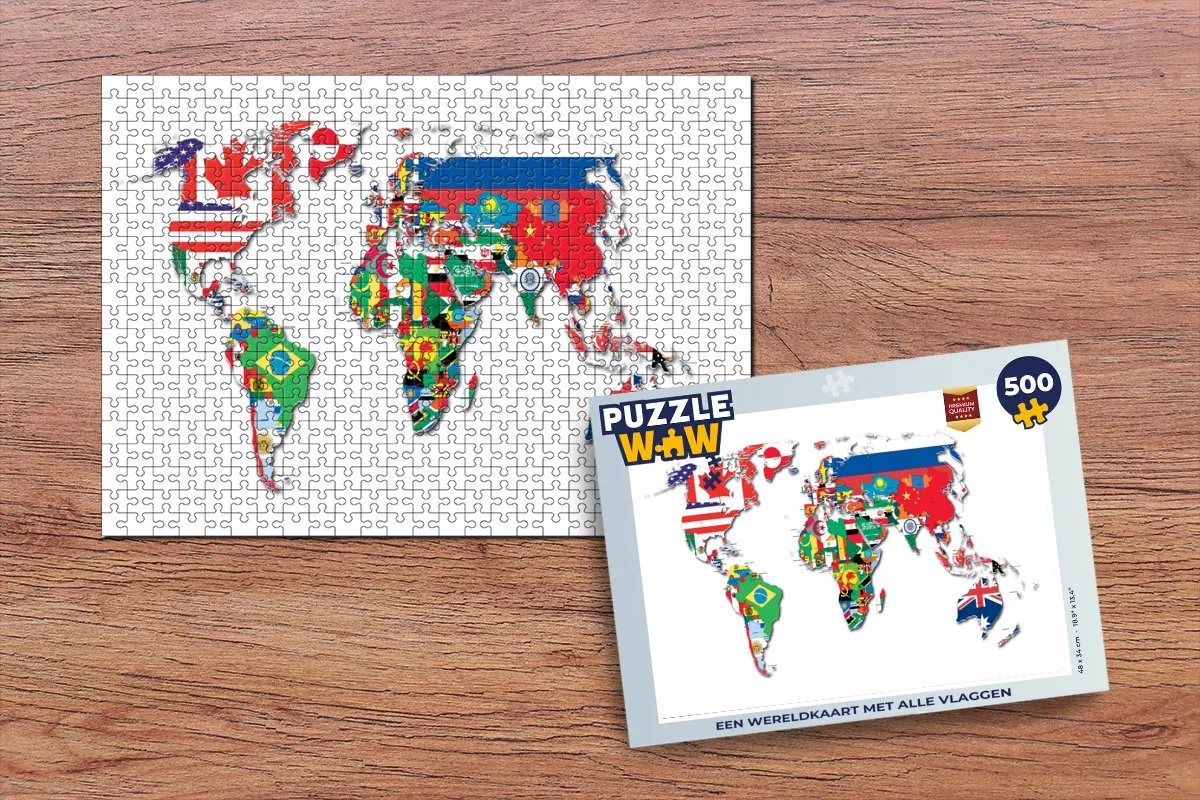 PuzzleWow Wereldkaart Vlaggen Legpuzzel 500 Stuks - Multicolor