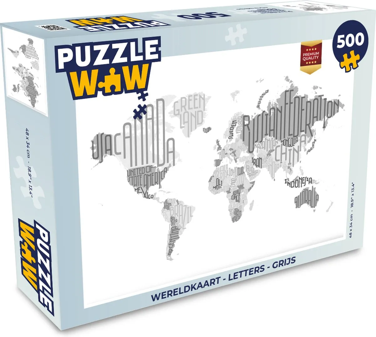 PuzzleWow Wereldkaart Letters Legpuzzel 500 Stuks - Multicolor