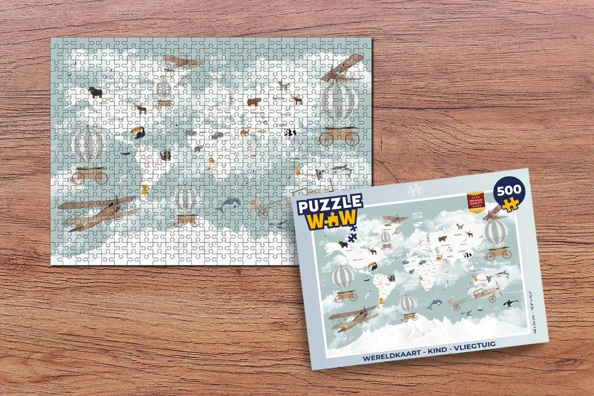 PuzzleWow Wereldkaart Vliegtuig Legpuzzel 500 Stuks