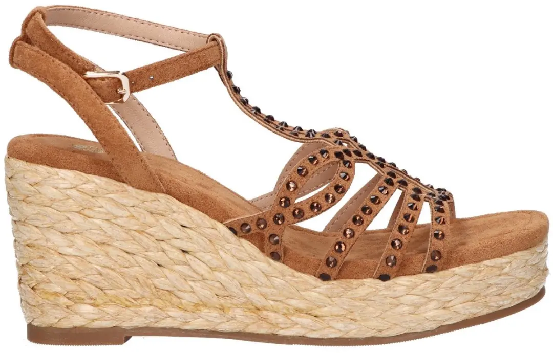 La Strada Wedge Sandaal Cognac Micro Met Steentjes