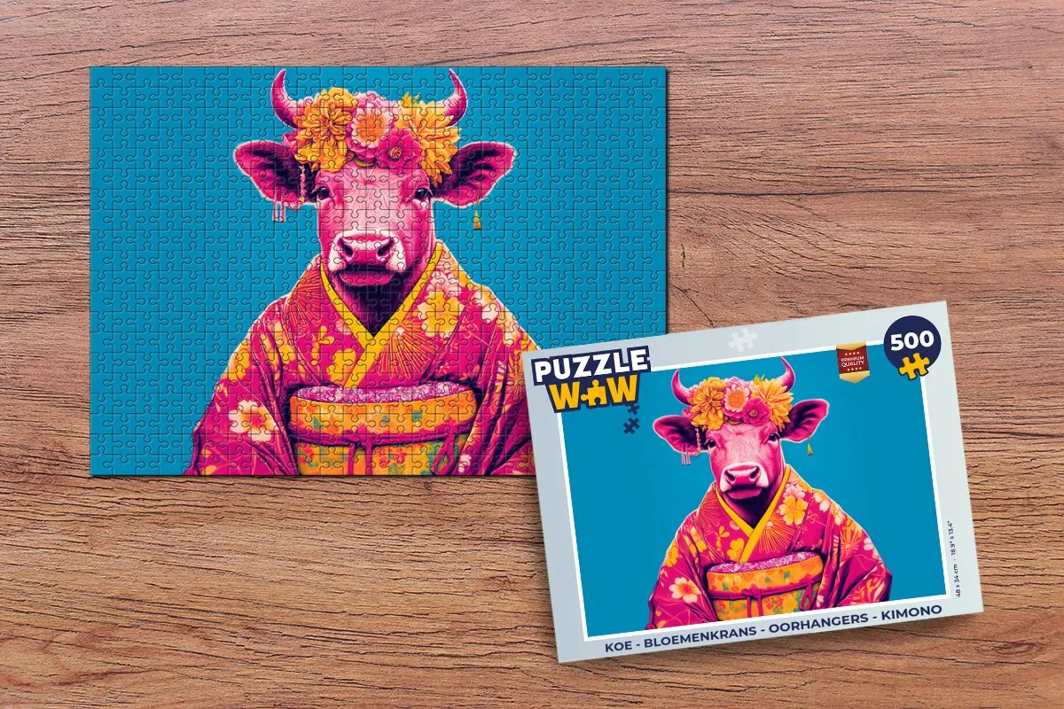 PuzzleWow Koe Bloemenkrans Kimono Puzzel 500 Stuks - MPN 8721375323366