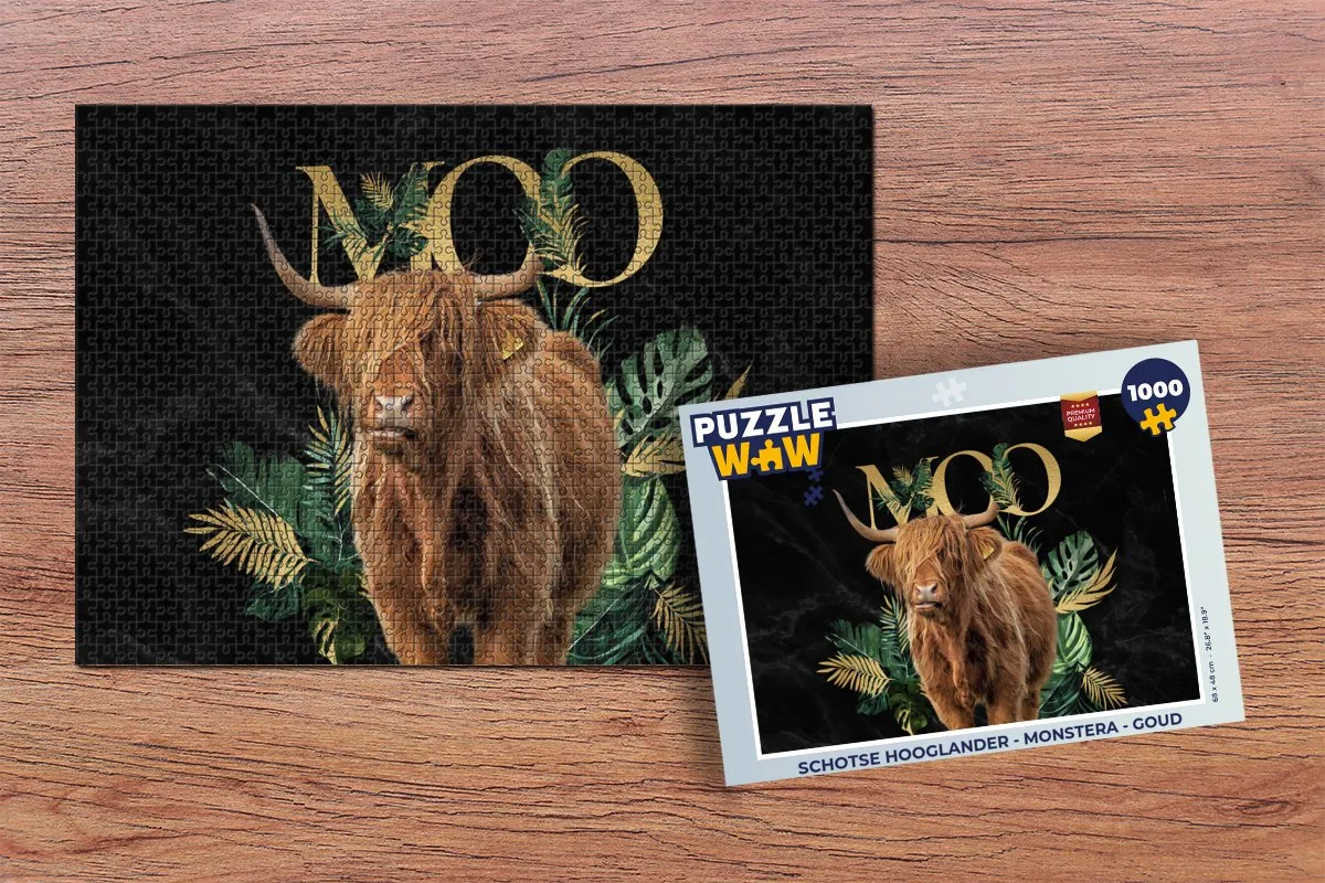 PuzzleWow Schotse Hooglander Monstera Legpuzzel 1000 Stuks - Goud