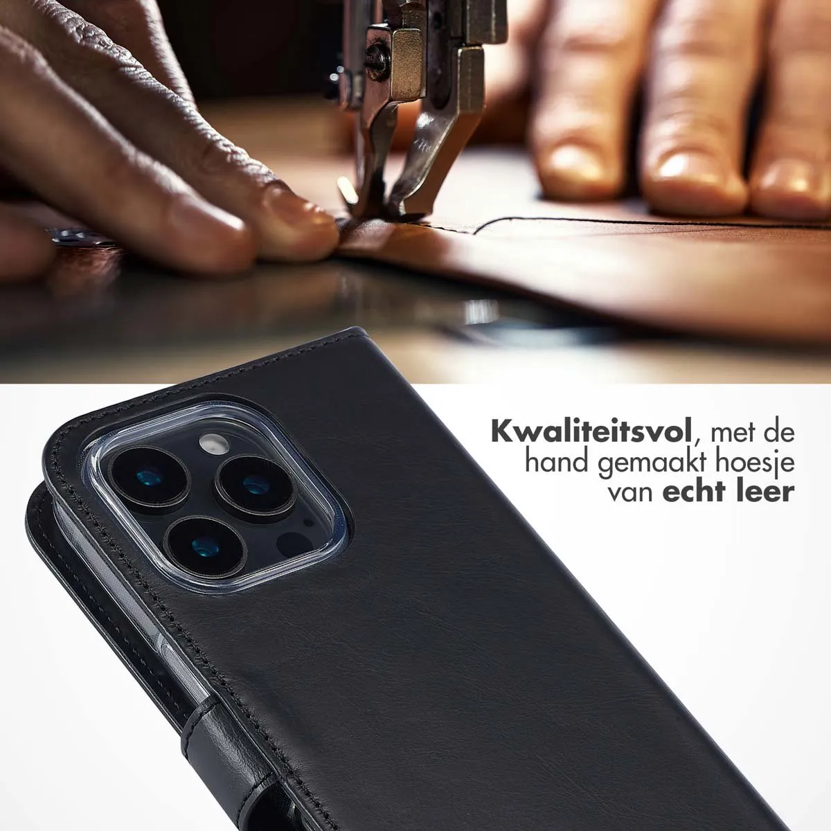 Selencia Hoesje iPhone 16 Pro Max - Echt Lederen Bookcase 3 Pasjes - Zwart