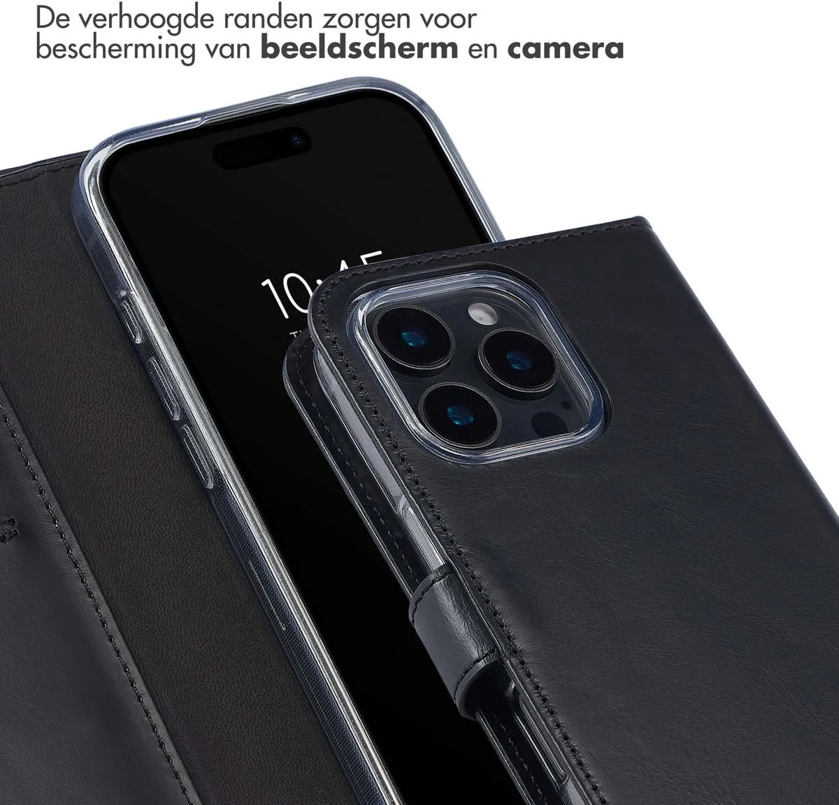 Selencia Hoesje iPhone 16 Pro Max - Echt Lederen Bookcase 3 Pasjes - Zwart