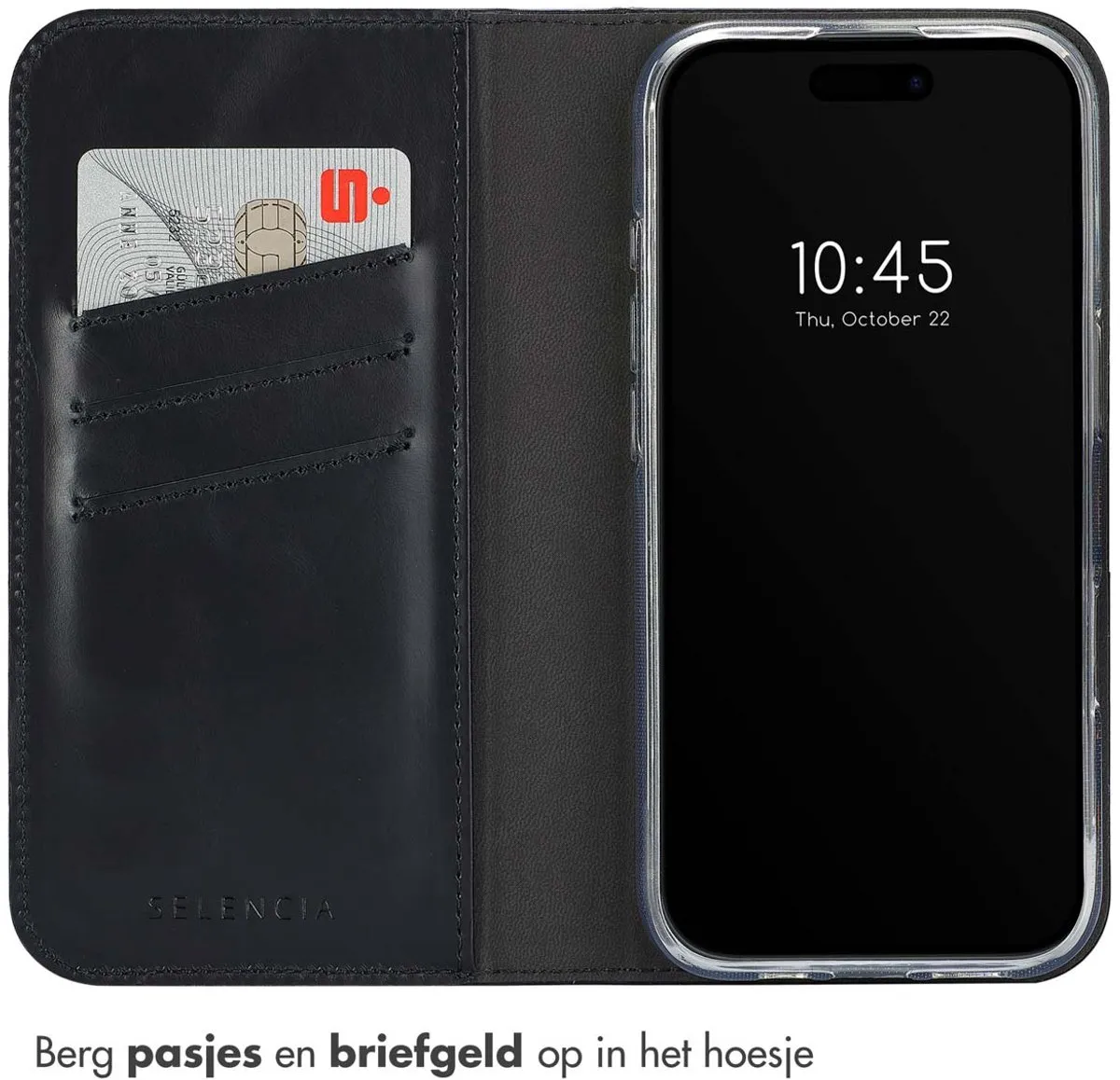 Selencia Hoesje iPhone 16 Pro Max - Echt Lederen Bookcase 3 Pasjes - Zwart