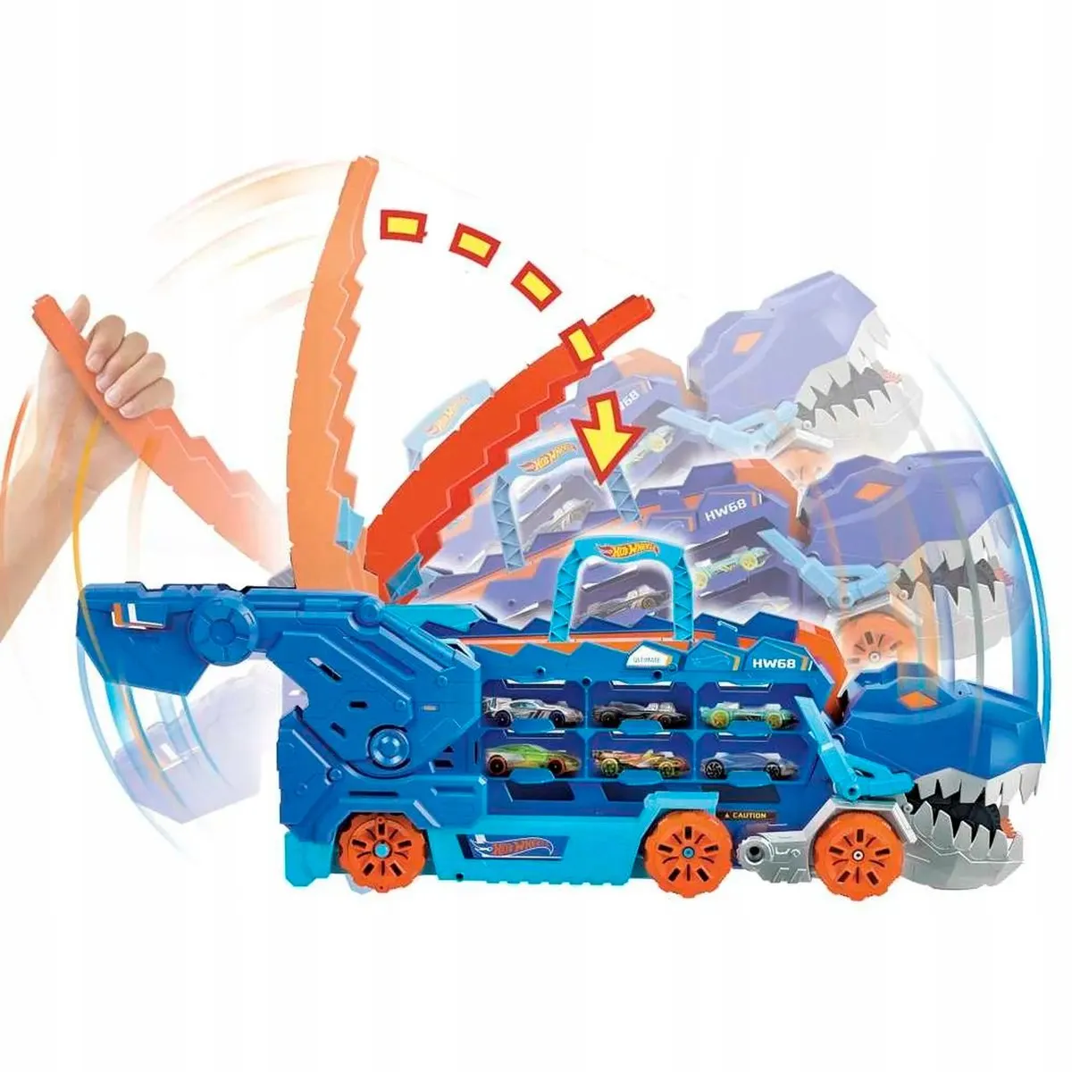 Hot Wheels T-Rex Mega Transporter Speelset - 2 Auto's - Blauw/Oranje