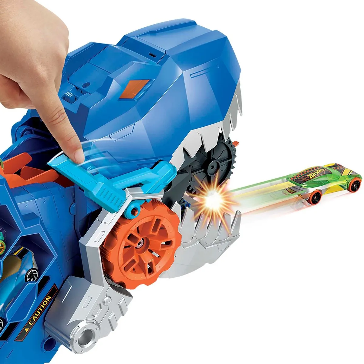 Hot Wheels T-Rex Mega Transporter Speelset - 2 Auto's - Blauw/Oranje