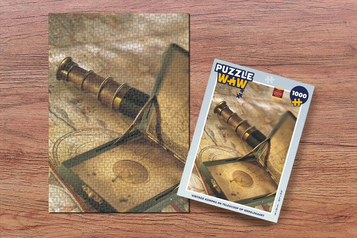 PuzzleWow Vintage Kompas & Telescoop Wereldkaart Legpuzzel 1000 Stuks - Multicolor