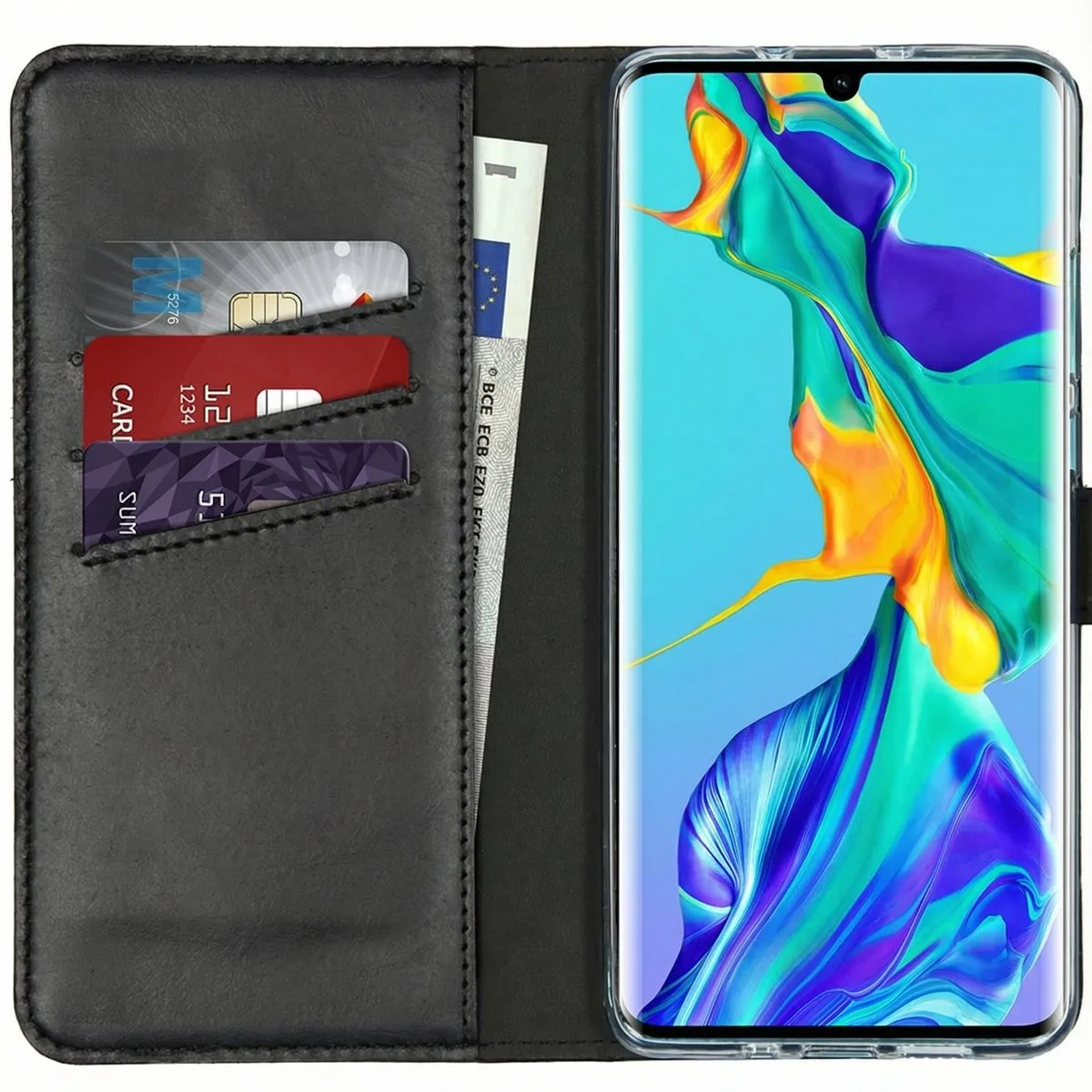 Selencia Hoesje Huawei P30 Pro - Echt Lederen Bookcase 3 Stuks - Zwart