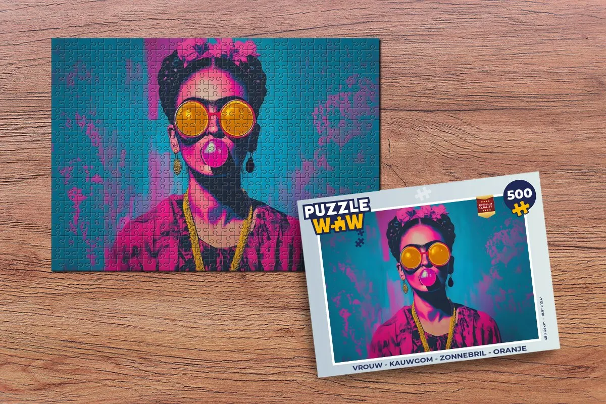 PuzzleWow Legpuzzel 500 Stuks - Vrouw Kauwgom Zonnebril Oranje