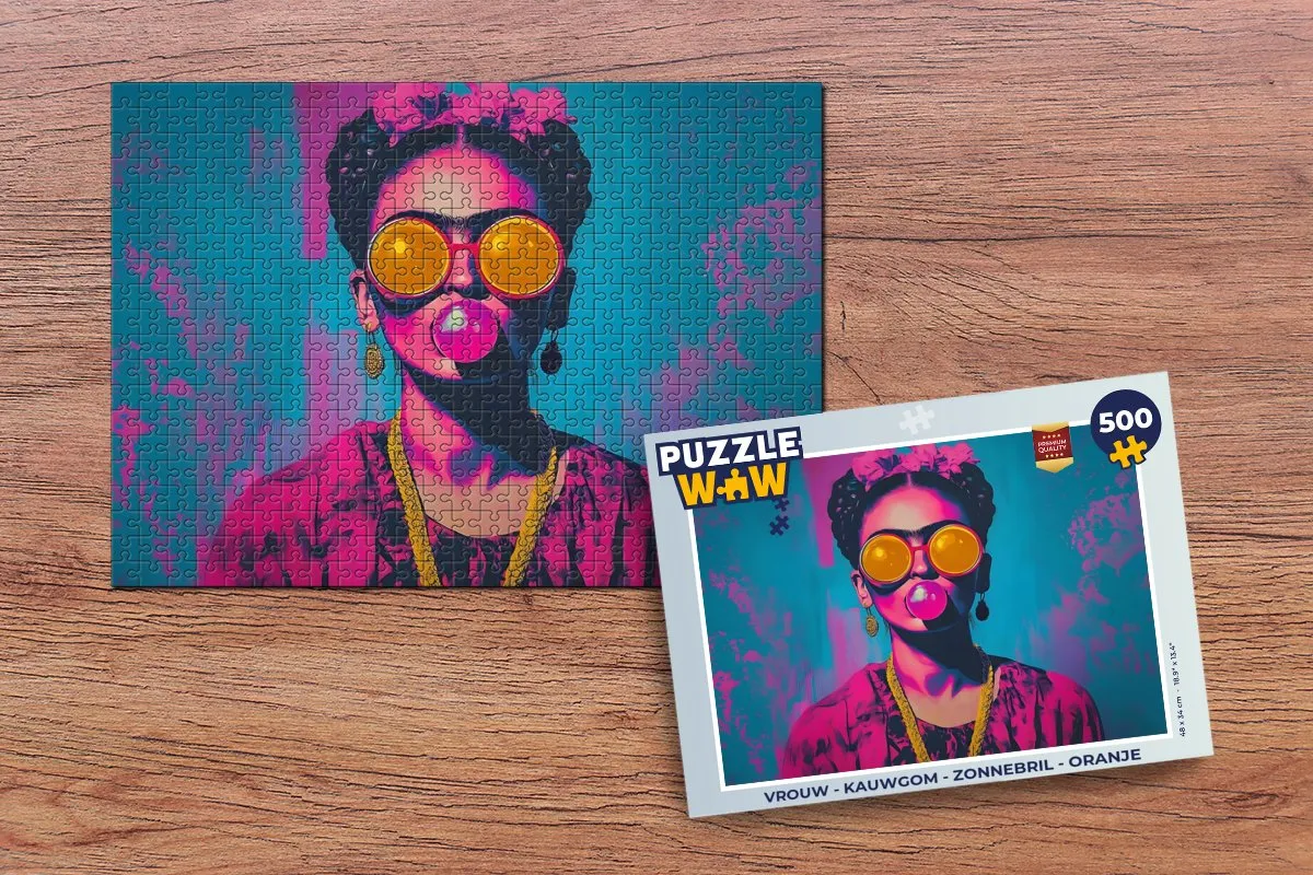 PuzzleWow Legpuzzel 500 Stuks - Vrouw Kauwgom Zonnebril Oranje