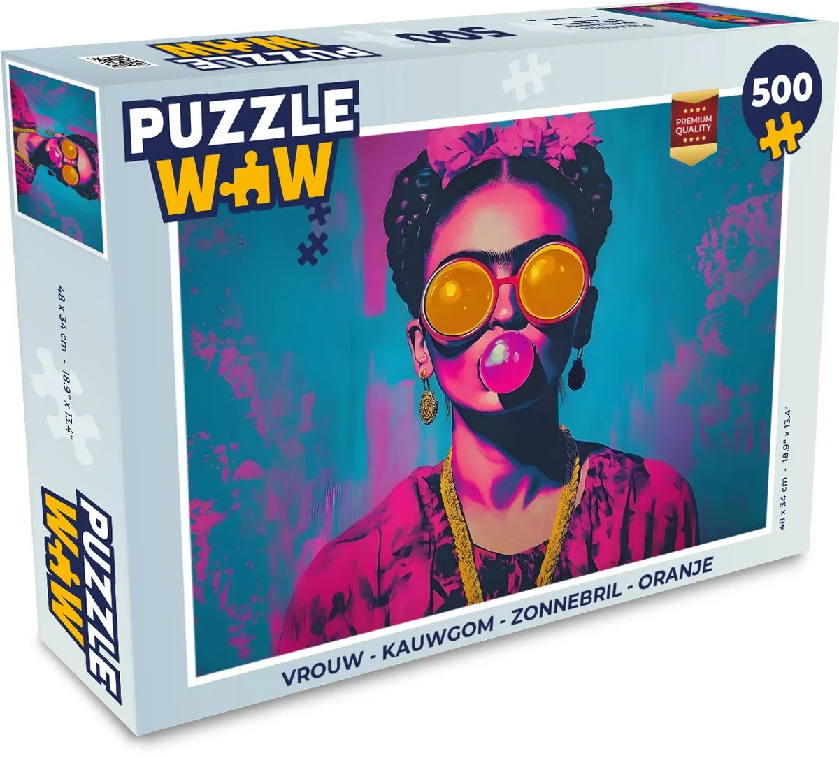 PuzzleWow Legpuzzel 500 Stuks - Vrouw Kauwgom Zonnebril Oranje