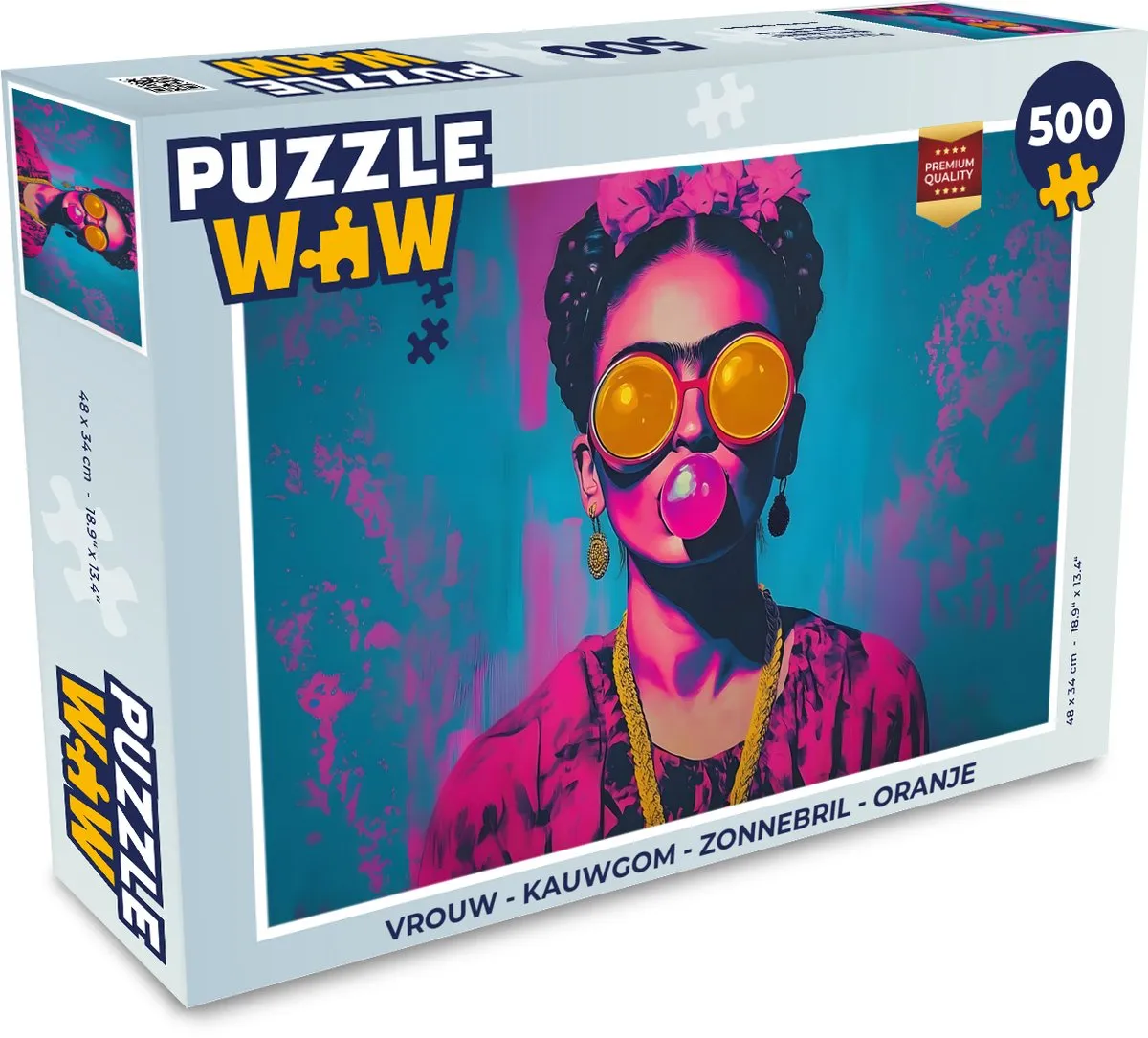 PuzzleWow Legpuzzel 500 Stuks - Vrouw Kauwgom Zonnebril Oranje