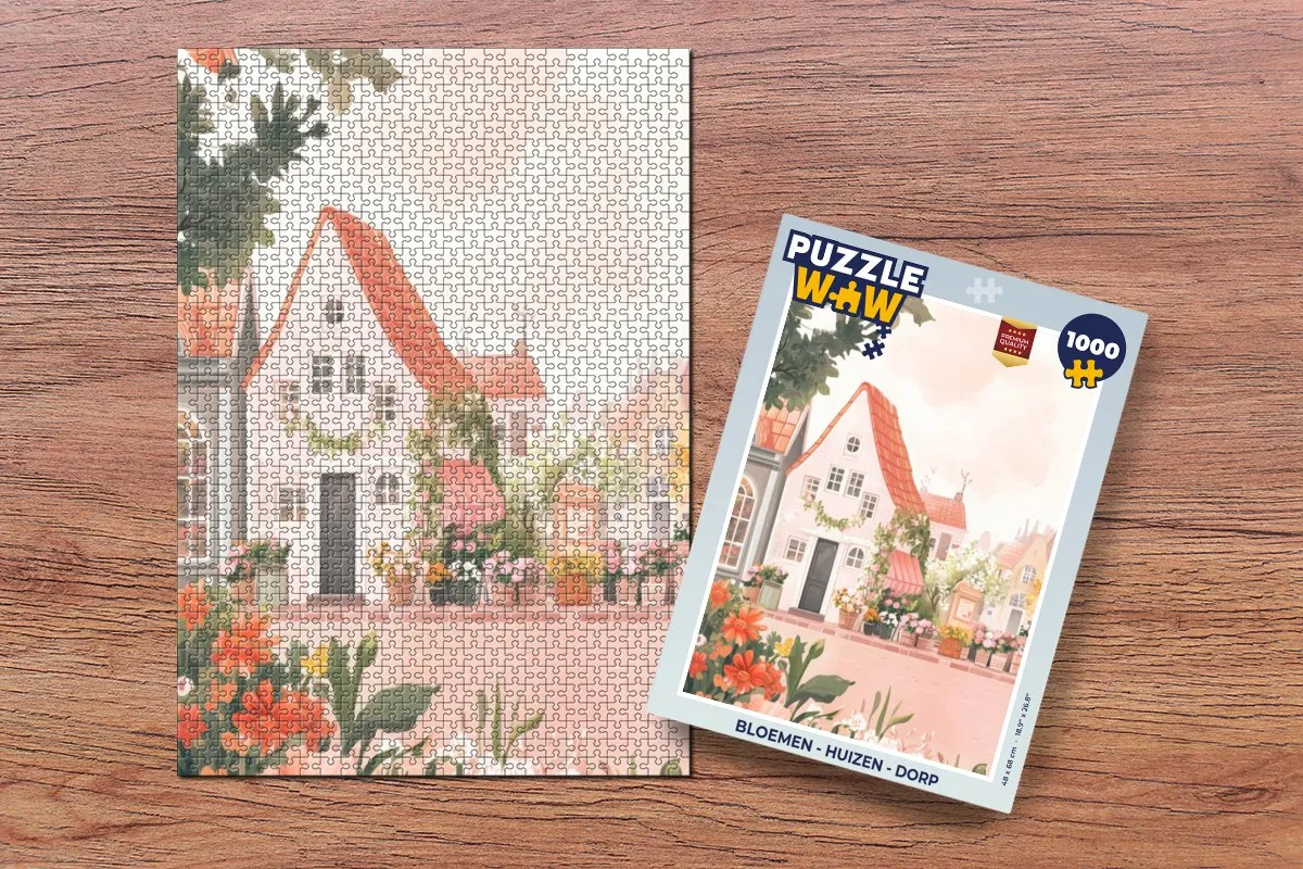 PuzzleWow Legpuzzel 1000 Stuks - Bloemen Huizen Dorp - Huisjeskleur
